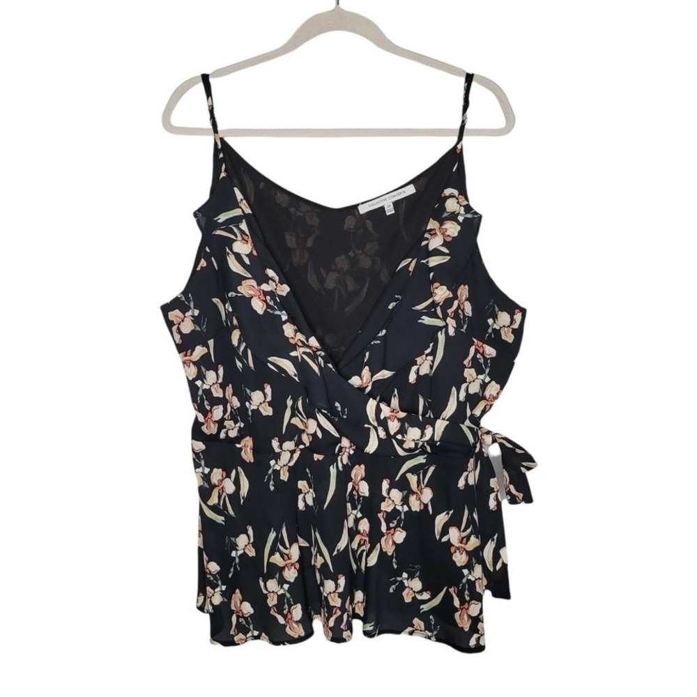 Collective Concepts Womens 2X Black Floral Sleeveless Side Tie Ruffle Blouse Top